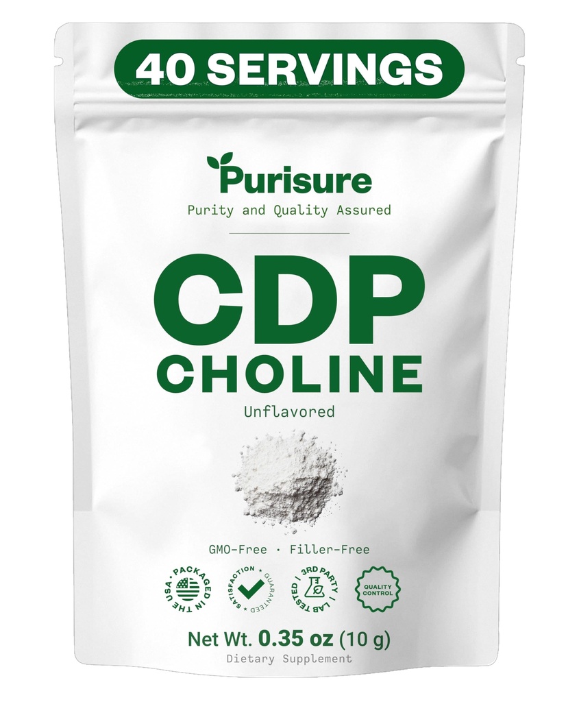 Purisure CDP Choline prášok, 10g, CDP Choline doplnky, ktoré podporujú pozornosť, zameranie, a energie, Citicolín prášok pre kognitívne funkcie, zvyšuje motiváciu a produktivitu, 40 slúži