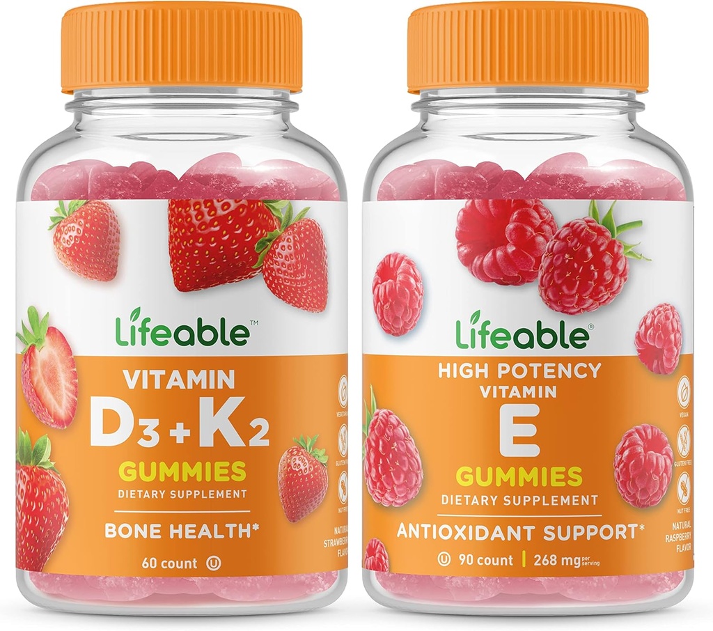 Životaschopný vitamín D3 + vitamín K2 + vitamín E, Gumies Bundle - veľké ochutnávky, vitamínové doplnky, bez lepidla, bez GMO, žuvacia guma