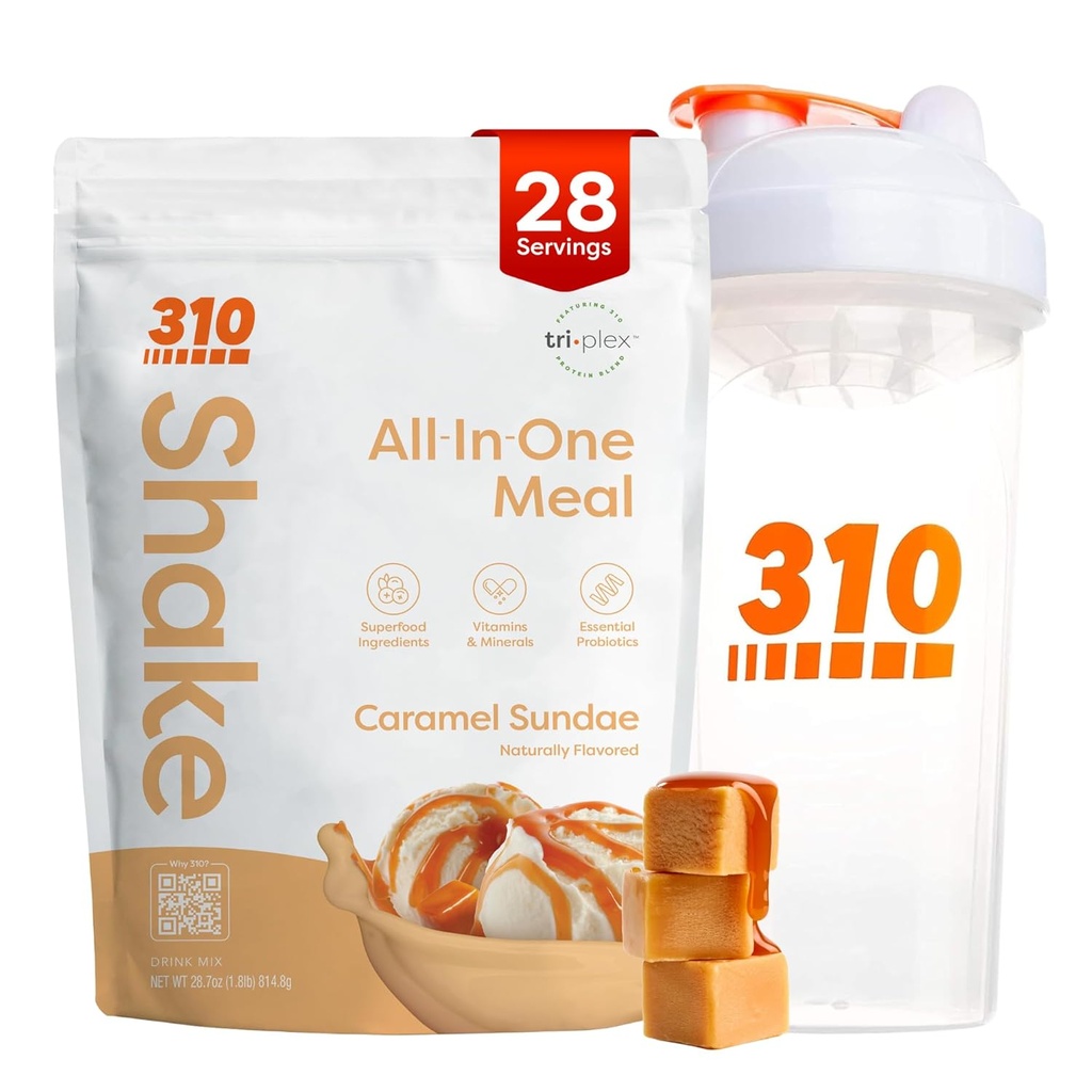 310 Nutrition All-in-One Replacement Shake Powder w/Shaker Cup Starter Kit - High Protein Fiber Rich Vegan Superfood Blend - bez cukru, Keto & Paleo Friendly, Low Carb - Caramel Sundae 28 srv