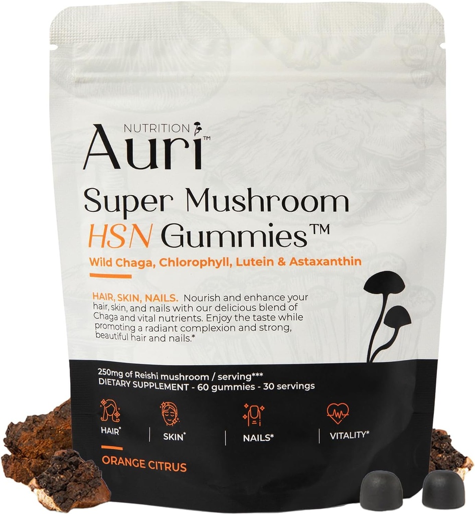Auri Super Huba HSN Gummy - Vlasy koža a nechty Gummy Funkčné Huby Supplement - s Wild Chaga, Chlorofyl, lutein a astaxantín - 60 Orange Citrus Gummies