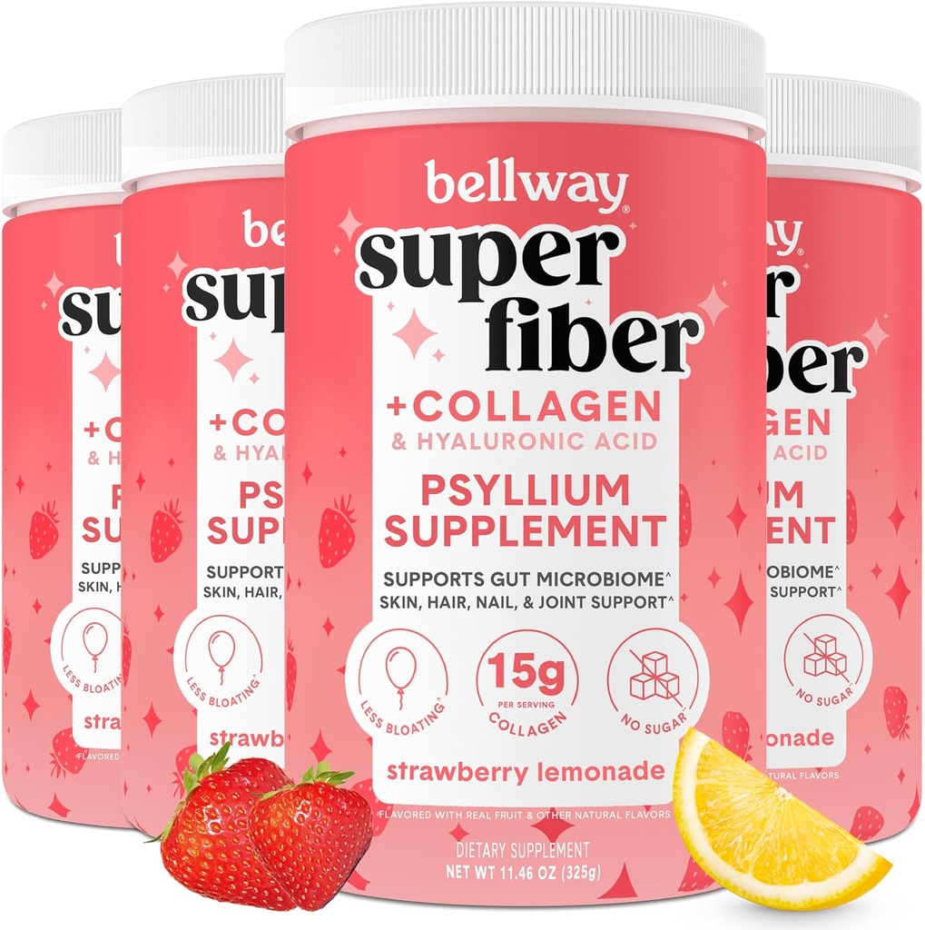 Bellway Super Fiber Powder + Kolagén (4 balenia), bez cukru Psyllium Husk Powder s kolagénom Peptidy pre zdravie Gut, zdravá koža, nechty, kosti a kĺby, Strawberry Lemonade (45.84 oz)