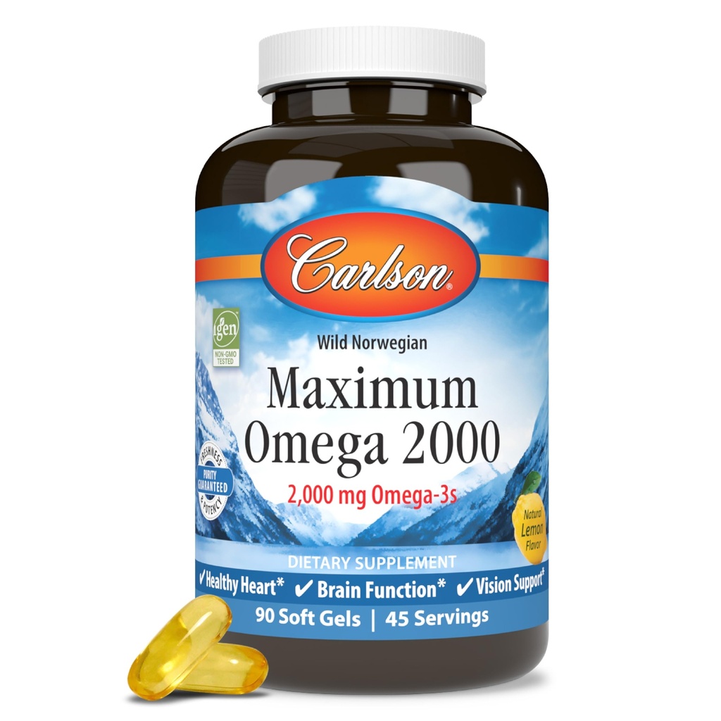 Carlson - Maximum Omega 2000, 2000 mg Omega-3s, zdravé srdce, funkcia mozgu a podpora zraku, citrón, 90 mäkkých gélov