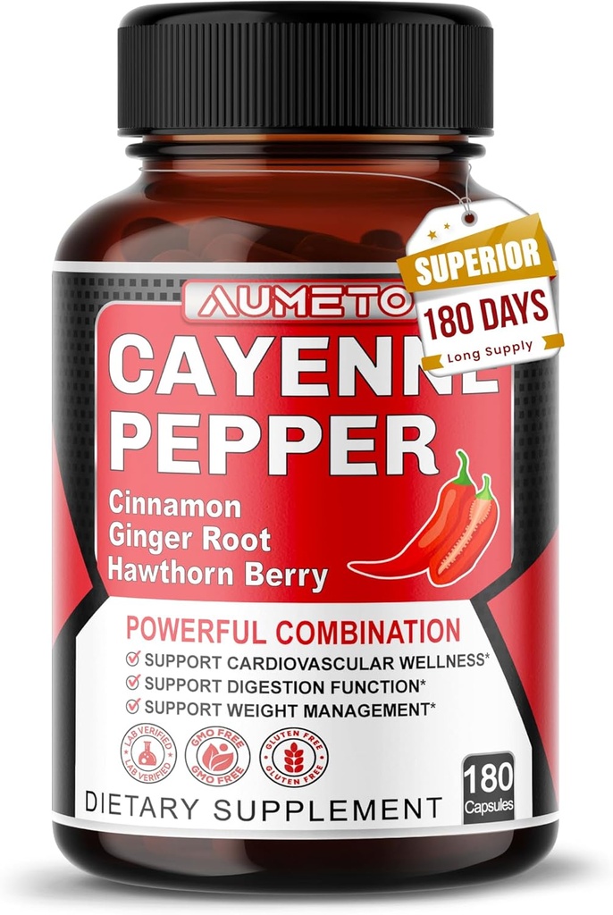 Cayenne Pepper Capsules - Ultra Complex so škoricou, zázvorom, Cardamom, Hawthorn Berry - Podporná digescia, obeh a celková wellness (180 grófov (Pack of 1))