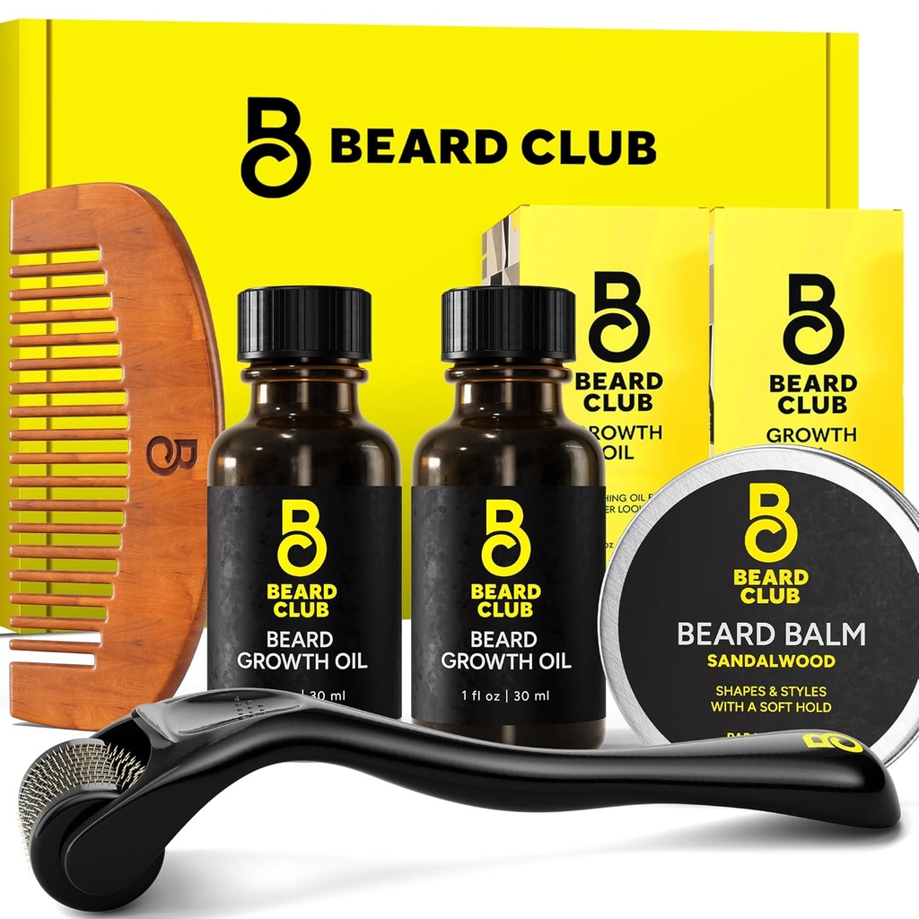 Beard Club vylepšený bradový rastový kit - Derma Valček, Beard Growth Oil (2PK), Sandalwood Brada Balm, Comb - Darčeková sada