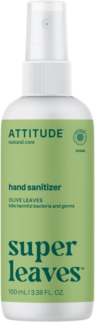 ATTITUDE Ručné Sanitizer Spray, EWG Overené, Kills Germs & Baktérie, Vegan & Plant-Based, Sejf pre dospelých & Deti, Olive Leaves Vôňa, 3.38 Fl Oz (Spray Bottle)