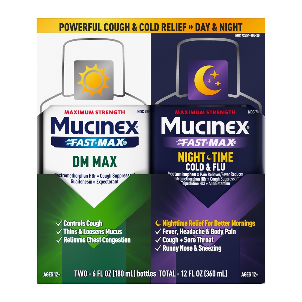 Maximálna sila Mucinex FastMax DM Max & Mucinex Nightshift Cold & Flu Liquid (2 x 6 fl. oz.) Chudnutie a uvoľnenie hlienu, uľavuje Kašeľ a bolesť v hrudníku, bolesť, horúčka, dýchavičnosť, bolestivé hrdlo, výtok z nosa