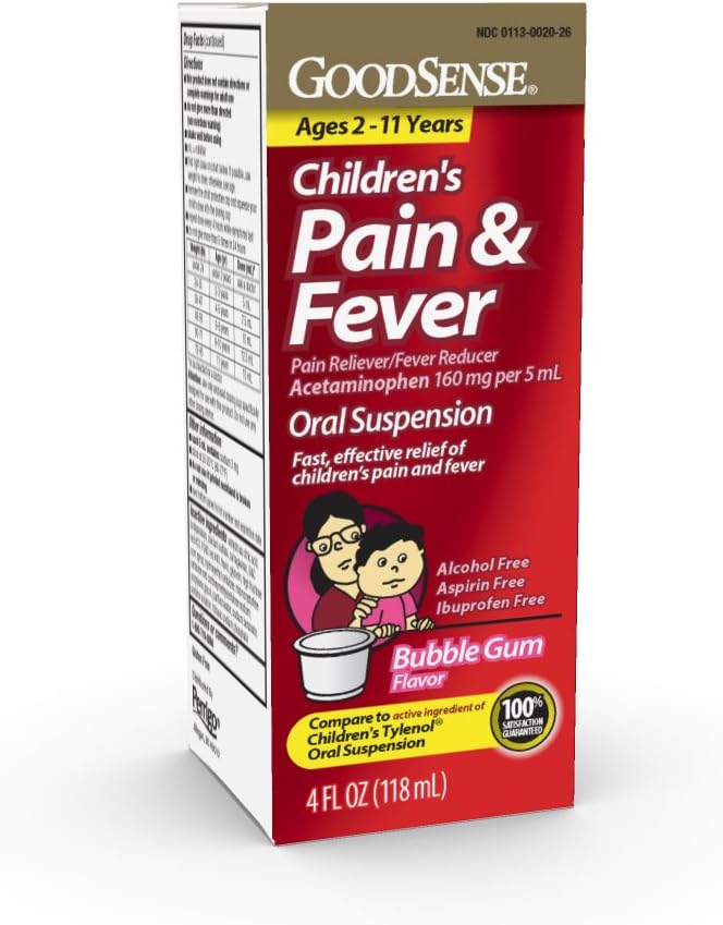 GoodSense Detská bolesť Reliever Tekutina, Bubble Gum Flavor, Acetaminofen 160 mg/5 ml, Efektívna úľava od bolesti/horúčka Redukcia pre deti vo veku 2-11, 4 Oz