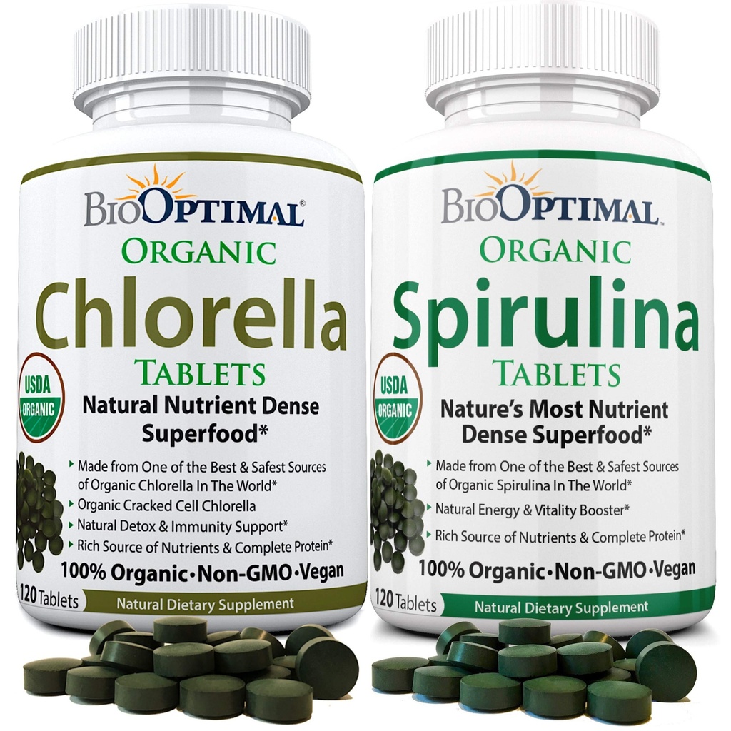 BioOptimal Chlorella Spirulina - Bundle - Organic Chorella Tablets & Organic Spirulina Tablety, 120 Gróf, Premium Quality 4 Organic Certifications