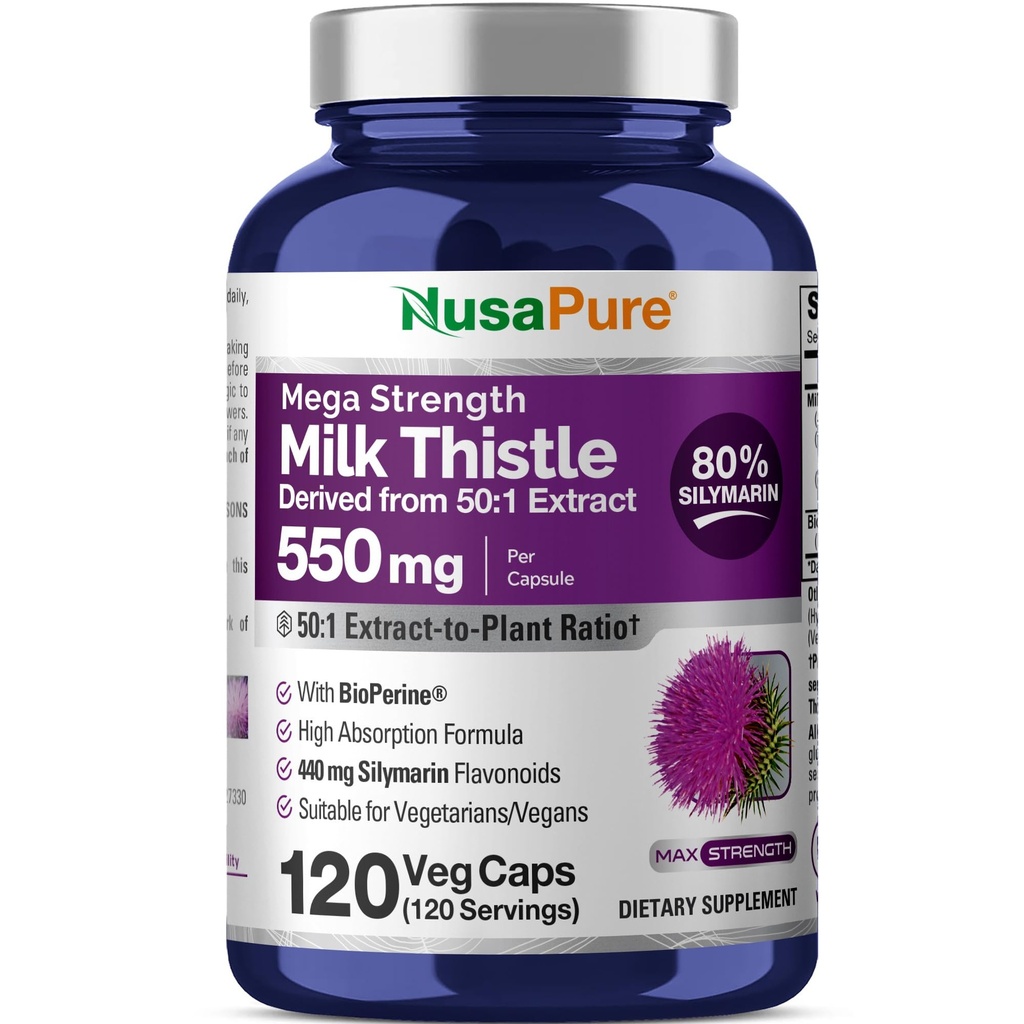 NusaPure Milk Thitle 50:1 Extract, 550 mg Equivalent to 27 500mg 120 Veggie Capsules Non-GMO, Vegan Max Strength - Standardized 80% Silymarin, Bioperine