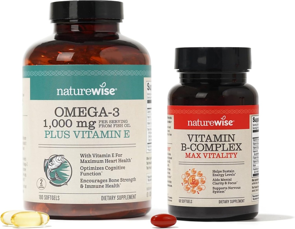 NatureWise 1000mg Omega 3 600mg EPA 400mg DHA s vitamínom E 180ct & Vitamín B komplex pre celulárne energie 60 Softgels[2-Month]