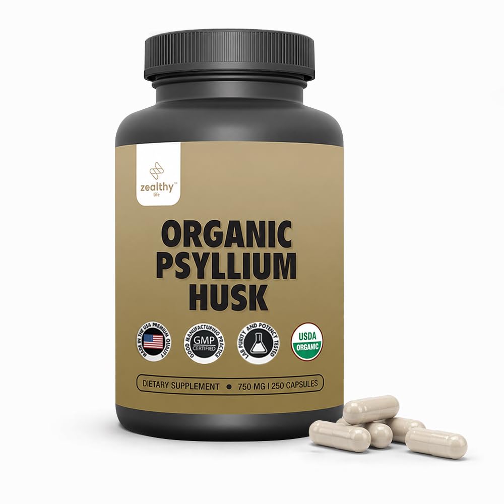 Organické Psyllium Husk Kapsule 750 mg, Natural Fiber Supplement od Gut Health* - Alternative to Psyllium Husk Powder, Zealthy Life, 250 Kapsule