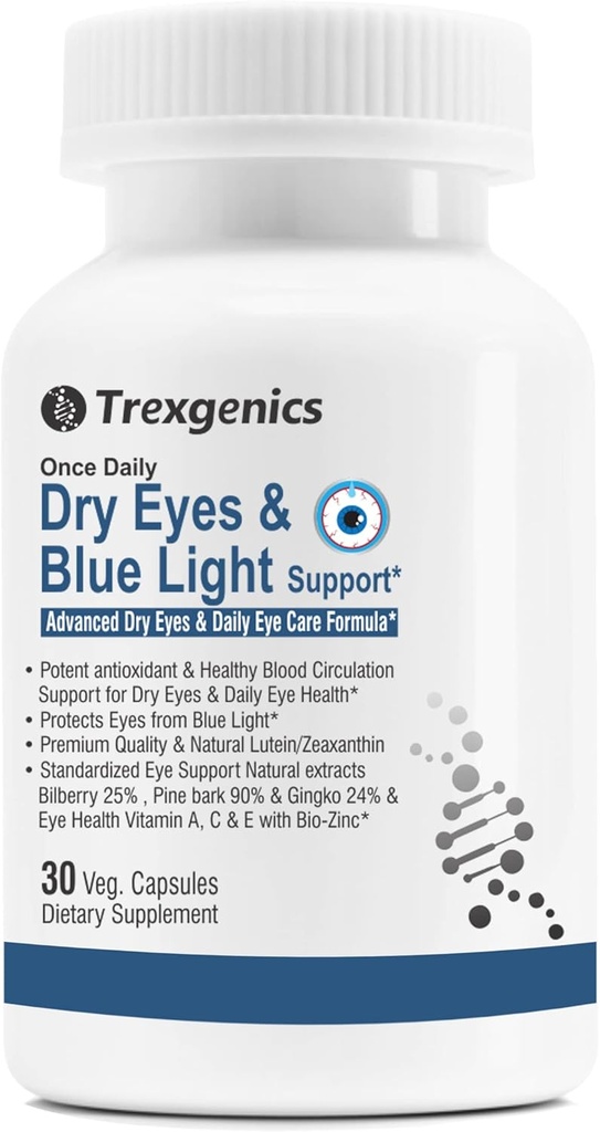 Trexgenics Dry Eyes & Blue Light Support Once Daily Vegetariánska formula s luteinom 10 mg, Zeaxantin 2mg, Čučoriedka, Ginkgo, píniová kôra, vitamín C, zinok a vitamín A (30 Veg Kapsule)