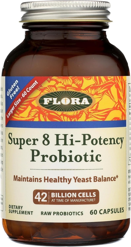 Flora - Super 8 Hi Potency Probiotiká 60 Počet - Zdravé kyslé rovnováhu a trávenie zdravie - pre mužov a ženy - 42 miliárd CFU, Raw, bez lepku - Až 2 mesiace dodávky