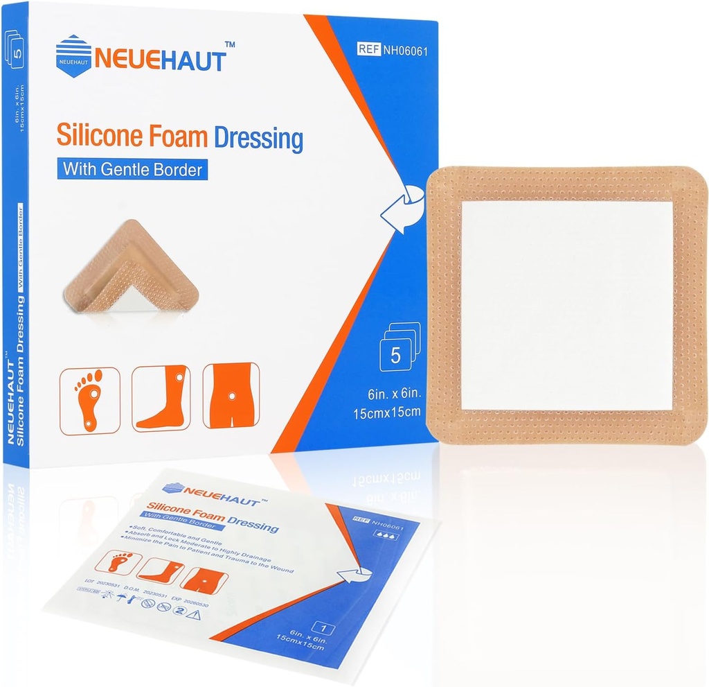 Silikónová pena oblečená jemným adhezívnym okrajom 6'x6', Bed Sore Pressure Ulcer Leg Ulcer Silikónová rana, vysoká absorbencia vodeodolná, 5 balení NeueHaut