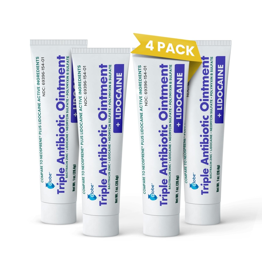 Globe (4-Pack) Lidokaín prvá pomoc Antibiotická masť 1 Oz - maximálna sila úľava od bolesti a ochrana infekcie - Numbs s kožou rýchlo s lidokaínom - núdzové použitie a ochrana infekcie