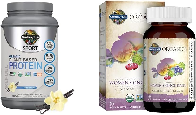 Záhrada života Organic Vegan Sport Protein Powder & Once Daily Women's Multi - Probiotiká, BCAA, Antioxidanty, 30g Rastlinný proteín, Vitamíny A C D3 K B6 B12, Non GMO