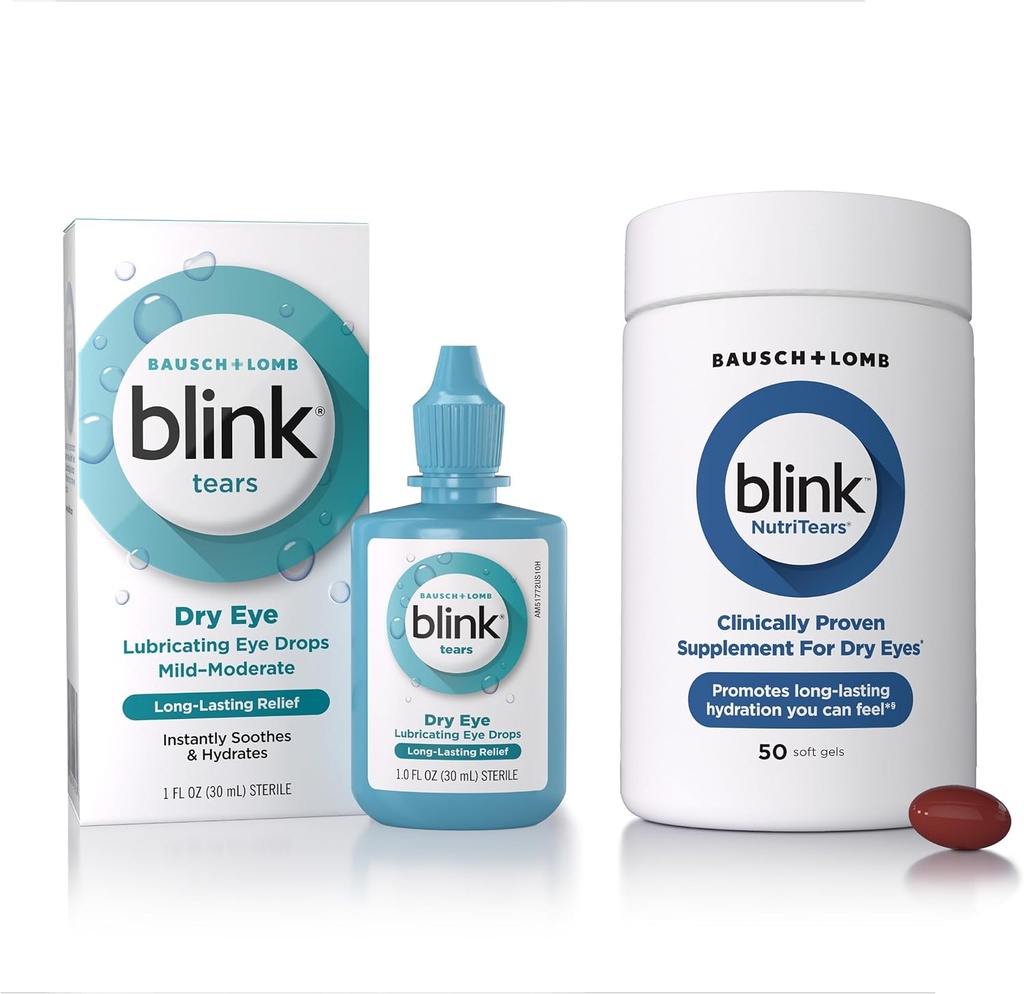 BLINK Tears Mazanie očné kvapky, 1 fl oz (30 ml) Očná starostlivosť pre mierne až stredne suché oči, Hyaluronát na zvýšenie hydratácie NutriTears Klinicky preukázané doplnok pre suché oči, 50 Softgels