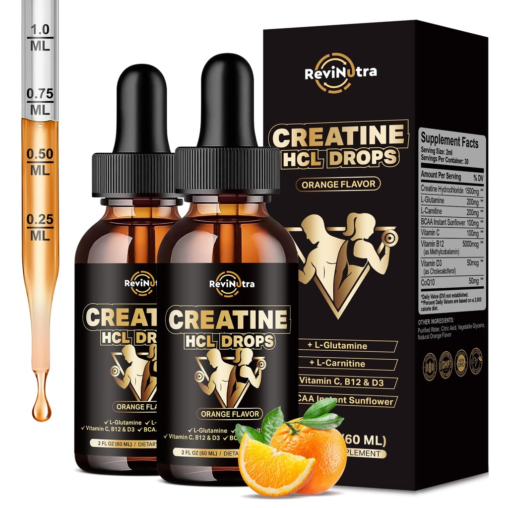 2 balenia Kreatín HCL Tekuté kvapky pre mužov a ženy, 1500 mg Tekutý kreatinín hydrochlorid, vysoká absorpcia, 2 Fl Oz, bezcukrová Orange chuť