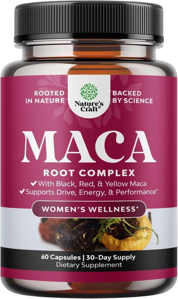 Organické Maca Root Kapsule pre ženy - Silné bylinné doplnky s ženskými vylepšenia zmes červeného žltého a čierneho Maca Root - Non-GMO Certified Vegan a lepidlo-bez umelých farieb - 60ct