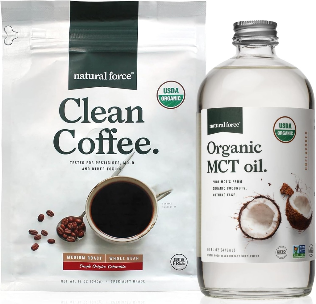 Organic Force Clean Coffee + Organic MCT Oil Bundle 100% Pure Coconut MCTs & Mold & Mycotoxín Free Coffee 