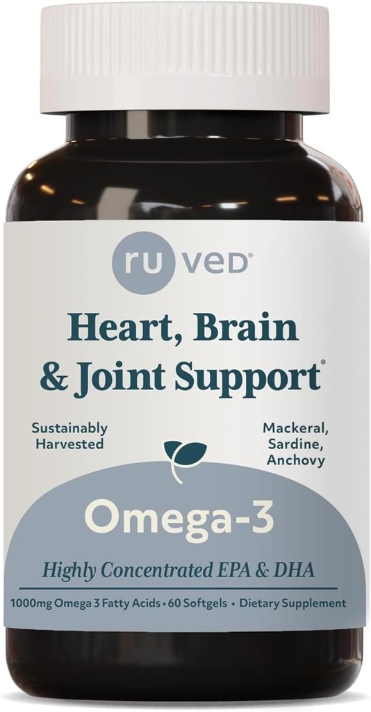 ruved Omega-3 - Omega 3 Fish Oil, 1000mg per capsule, EPA & DHA Fish Oil Supplement for Women & Men, Heart, Brain, & Joint Support - 60 Softgel Capsules (1 gróf)