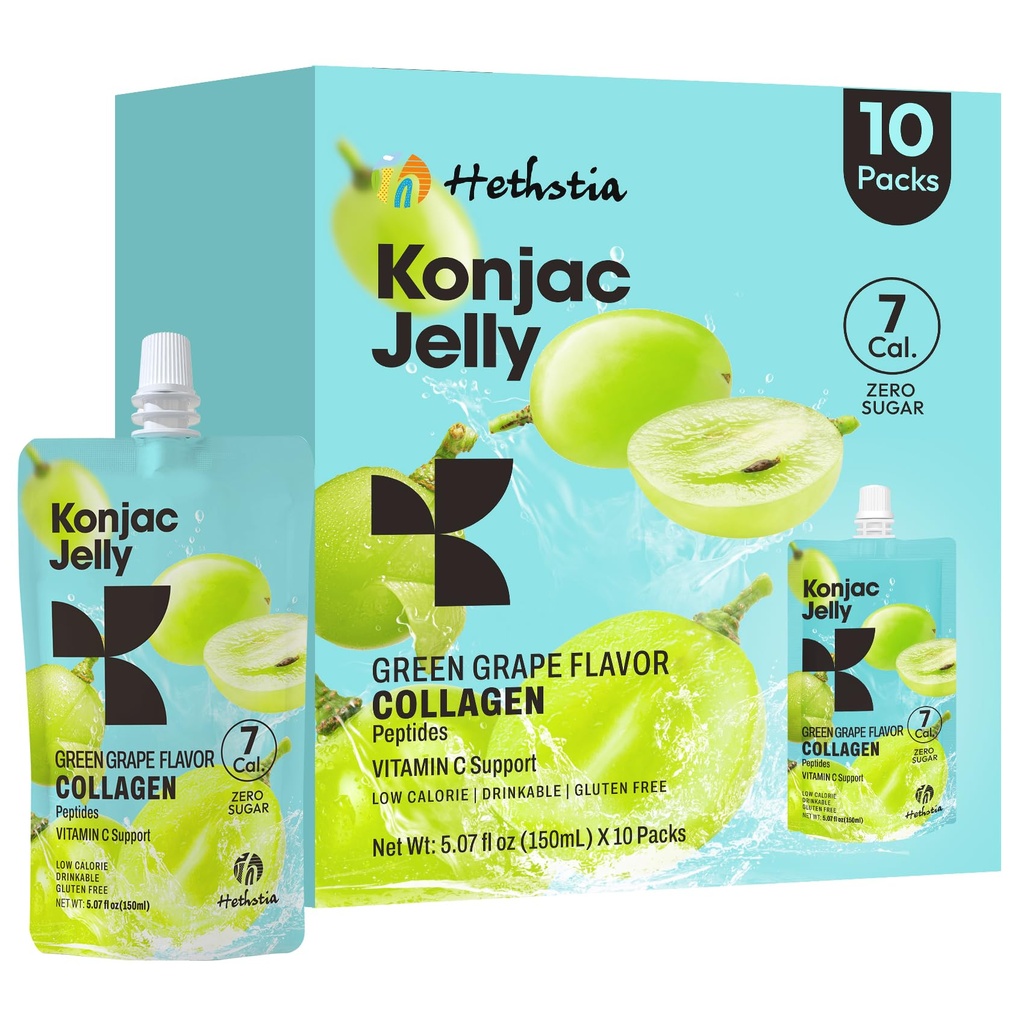 Hethstia Konjac Jelly Green Grape flavor, 10 Pouches, Piteable Grape Jelly s Collagen Peptides, 7 Kcal, bez cukru, Gluten Free, Keto, Vegan, On-The-Go Chewy Light Snacks
