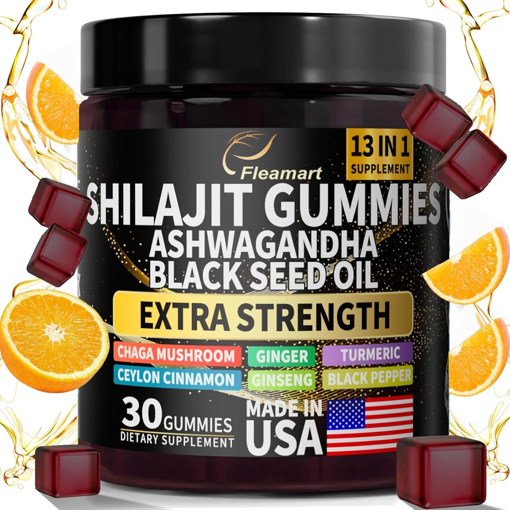 Shilajit Gummies, Shilajit Pure Himalayan Gummies with Ashwagandha, Black Seed Oil, Sugar Free Shilajit Gummies for Men & Women, 30 Gróf, Orange Flavor