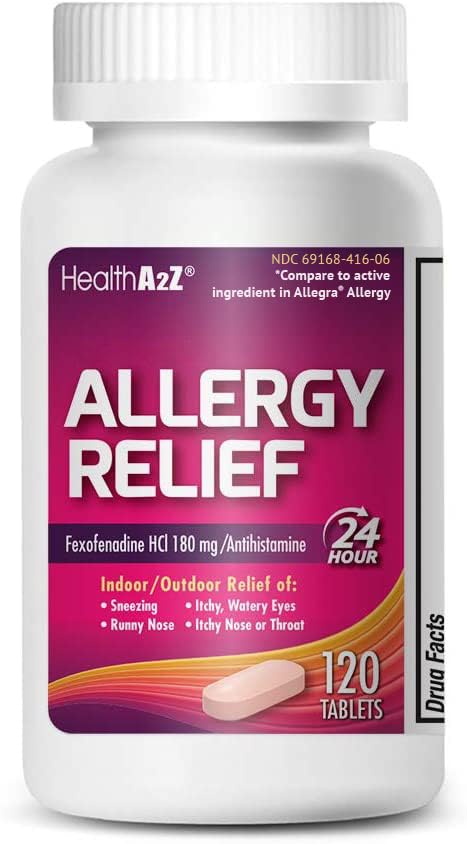 HealthA2Z Fexofenadín Hydrochlorid 180 mg, Antihistaminikum pre úľavu od alergie, 24-hodinové antihistaminikum pre úľavu od alergií (120 grófov (pár po 1))