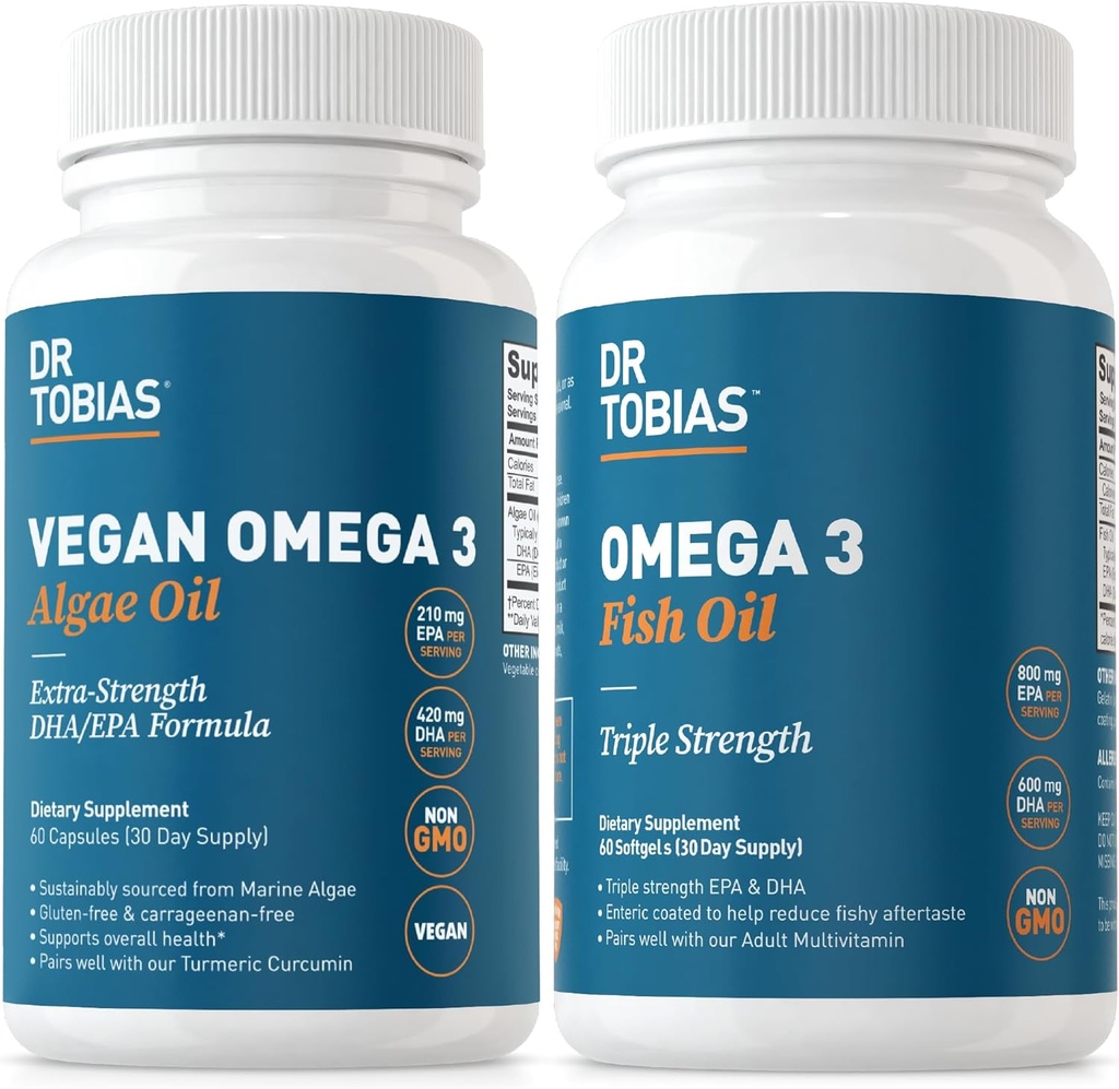 Dr. Tobias Vegan Omega 3 Algae Oil a Omega 3 Fish Oil, 2 Možnosti pre komplexnú podporu mastných kyselín, non-GMO