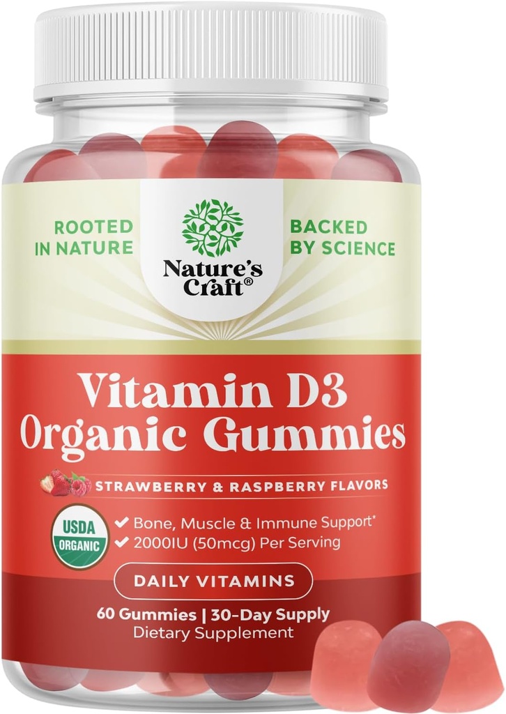Organický vitamín D3 Gummy pre ženy a mužov - vitamín D Gummy 2000IU na obsluhu pre zdravie kostí, svalov a imunitnej podpory - Non-GMO doplnok pre dospelých - želatína a lepidlo zadarmo - 60 Gumov