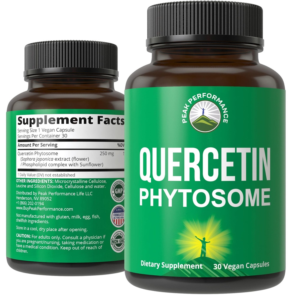 Peak Performance Ultra Pure Quercetin Phytosome Vegan Kapsule - Rich Sophora Japonica Extract od Max Absorbcie Now. Quercetin 250 mg Supplement Kapsule. Vyrobené v USA
