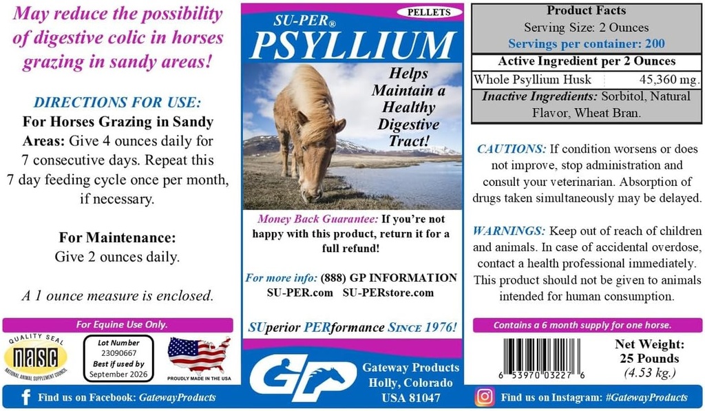SU-PER Psyllium Pellets Equine Supplement - Udržuje zdravý tráviaci trakt u koní - podporuje odstránenie piesku a štipky z sietnice Tract - 25 libra, 6 mesiacov