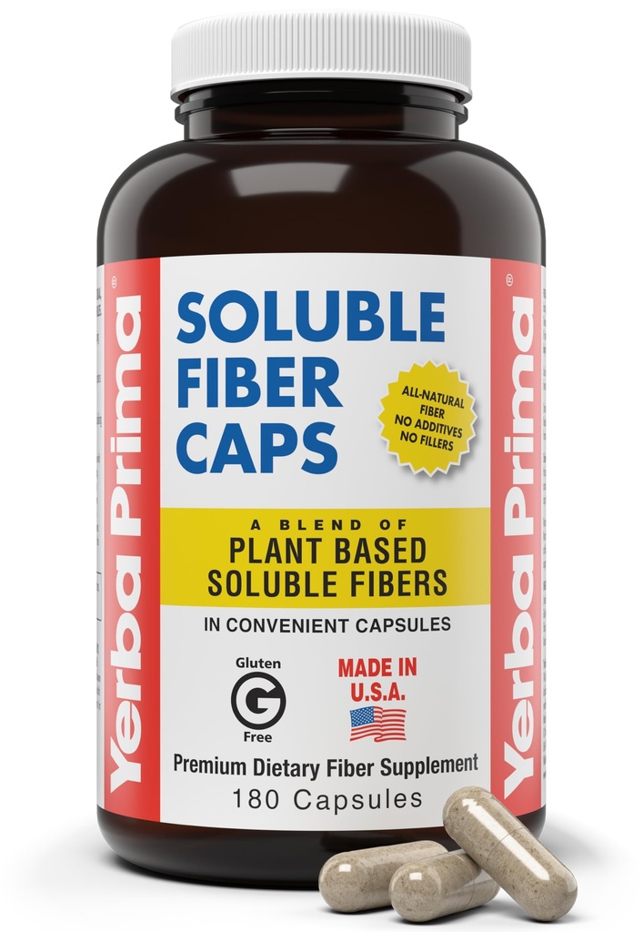 Yerba Prima Rozpustné Fiber Formula Kapsule, 180 Gróf - Premium Dietary Fiber Supplement, Natural, Concentrated Soluble Fiber, Gluten Free, Non-GMO, Made in USA