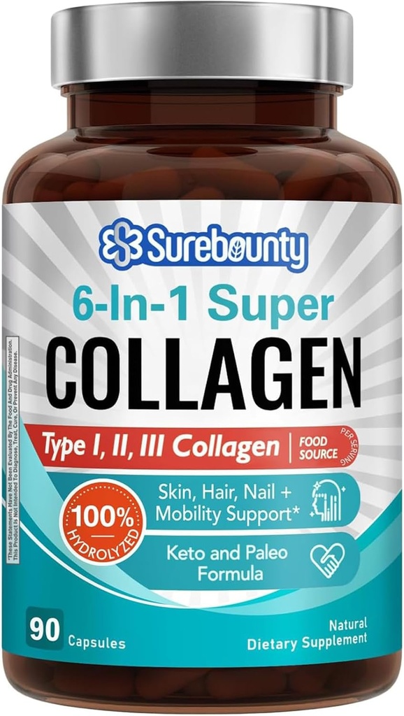 Multi Collagen Complex, Type I, II, III, 6-in-1 Super Collagen with Vitamin C, Hyaluronic Acid, Biotin, Turmeric, Black Pepper, Keto, 90 Capsules