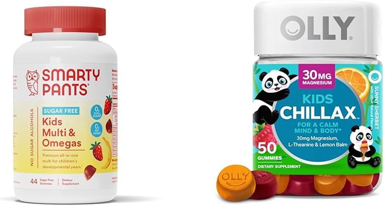 SmartyPants Kids Multivitamínové Gummy, bez cukru: Omega 3 (ALA) a OLLY Kids Chillax, Magnézium Gummies Plus L-Theanine, Citrónový Balm, Pokojné žuvačky pre deti 4+, Šerbet Flavor - 50 Počet (Stock of 1)