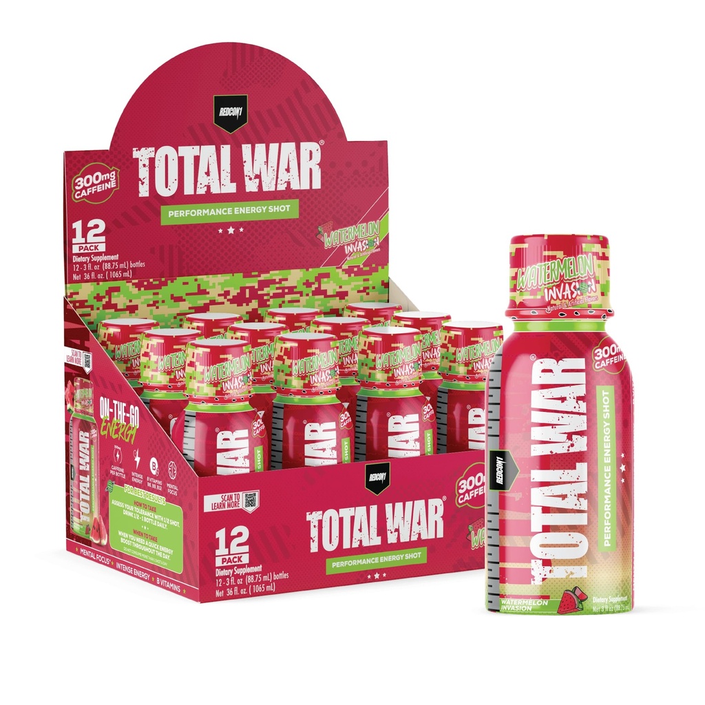 REDCON1 Celková vojna pred tréningom energetických výstrelov - 300 mg kofeínu Shots with B Vitamíny & 0 Cukor - Long-Lasting Energy Shot for Focus Support - Fuel Your Workout or Workday - Watermelon Invasion (12 Počet)