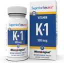 Superior Zdroj Vitamín K1 500 μg - Bone Strength & Health Suplement - Vitamín K doplnková pomôcka pre zdravie krvi a vápnika Absorpcia - 100 Sublingválne tablety na rozpúšťanie