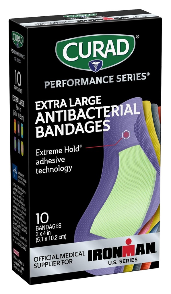 CURAD Performance Series IRONMAN Antibakteriálne pásy, Extreme Hold Lepiace technológie, Extra veľké flexibilné tkaniny pásy pre rezy, šroty, & Burns, rozmanité farby, 2 x 4 palce, 10 Počet