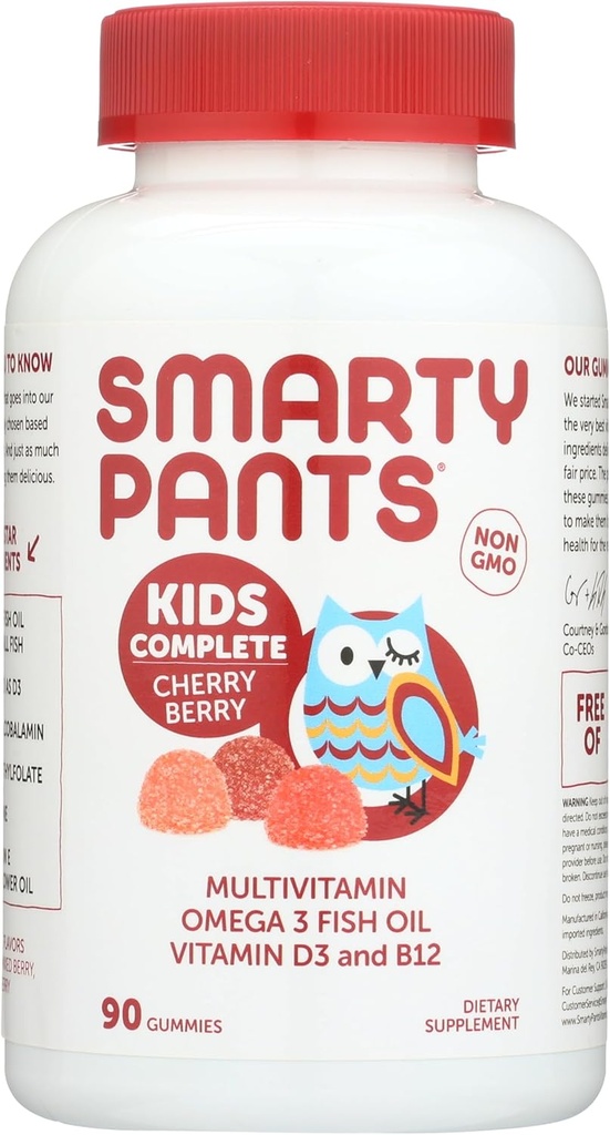 SmartyPants Kids Multivitamínové Gummy: Omega 3 Rybí olej (EPA/DHA), Vitamín D3, C, vitamín B12, B6, vitamín A, K a zinok na imunitnú podporu, Hrozno, čerešne a višne, počet 90 (22 dní)