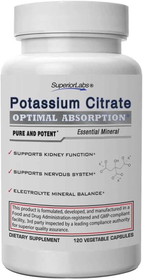 Superior Labs Draslík Citrát 100 mg, Pure Non-GMO Electrolyte Minerál, Additíva-Free, Obličkový kameň & pH Podpora, Svalová Cramp Relief, Heart & Nerve Funkcia, Alkalizačná bilancia, 120 Veg Caps
