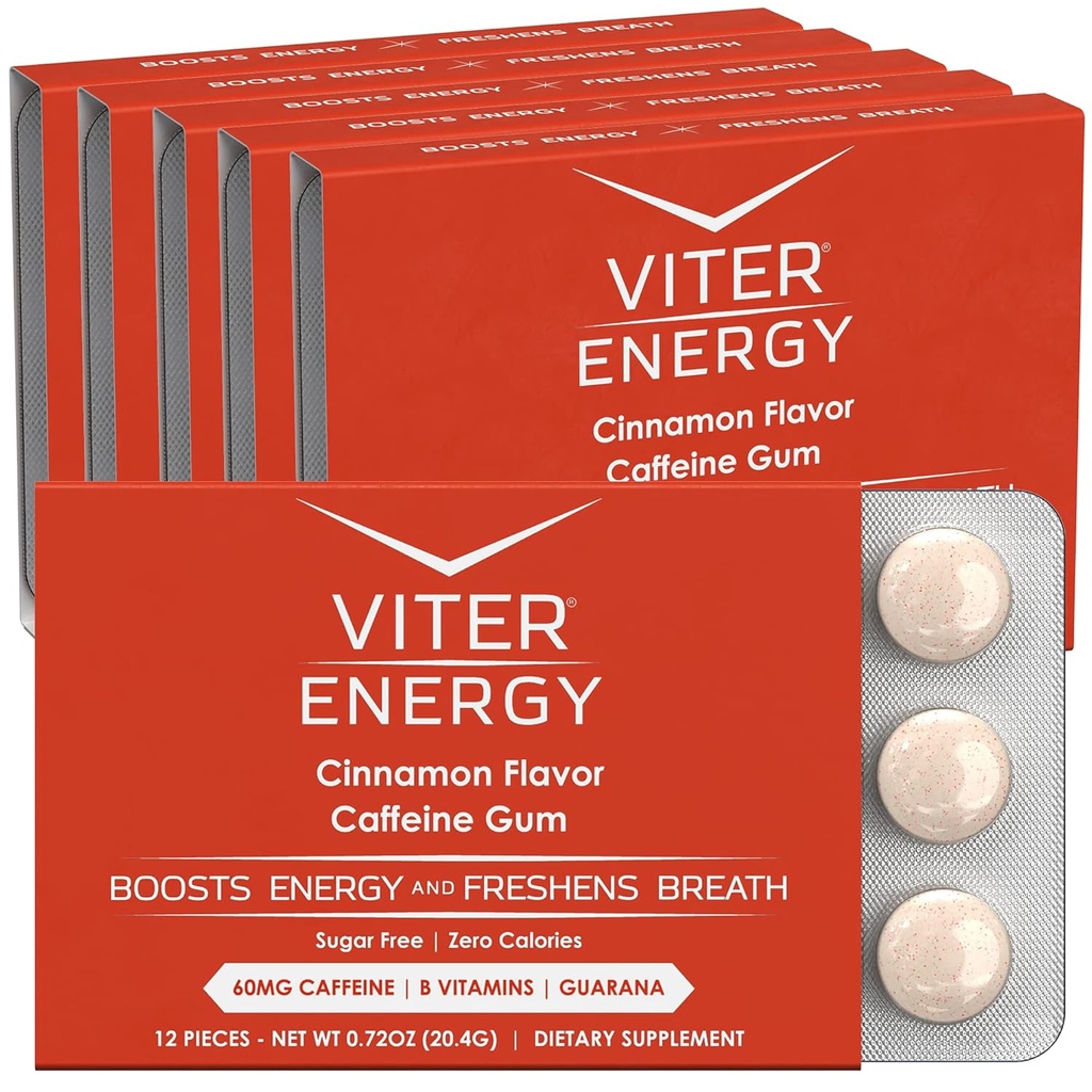 Viter Energy Kofeínovaná Gum 60mg kofeín, B Vitamíny, Guarana, bez cukru. (Cinnamon, 12ks, 6 Balenie)