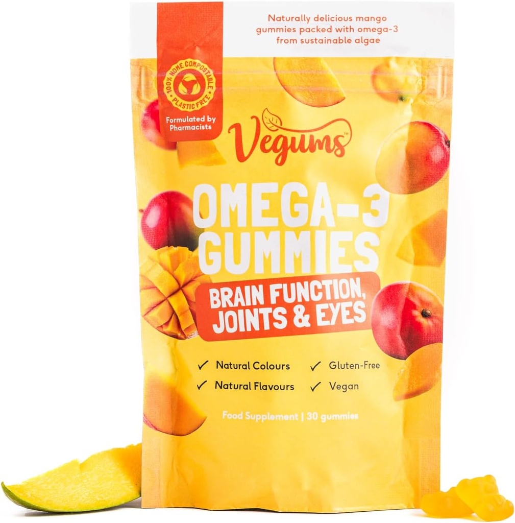 Vegums Fish-Free Omega-3 Gummies - 60 Orange-Flavored Algae-Based Omega-3 (DHA) & Vitamin E Supplement for Kids & Adults - Vegan & Vegetarián priateľsky