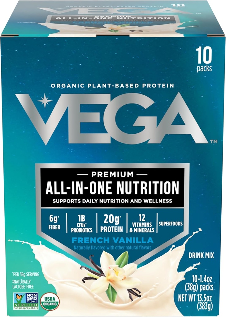 Vega Organic All-in-One Vegan Protein Powder, Francúzska Vanilla -Superfood Ingredients, Vitamíny pre Imunity Support, Keto Friendly, Pea Protein for Women & Men, 13.5 oz (Backaging May Vary)