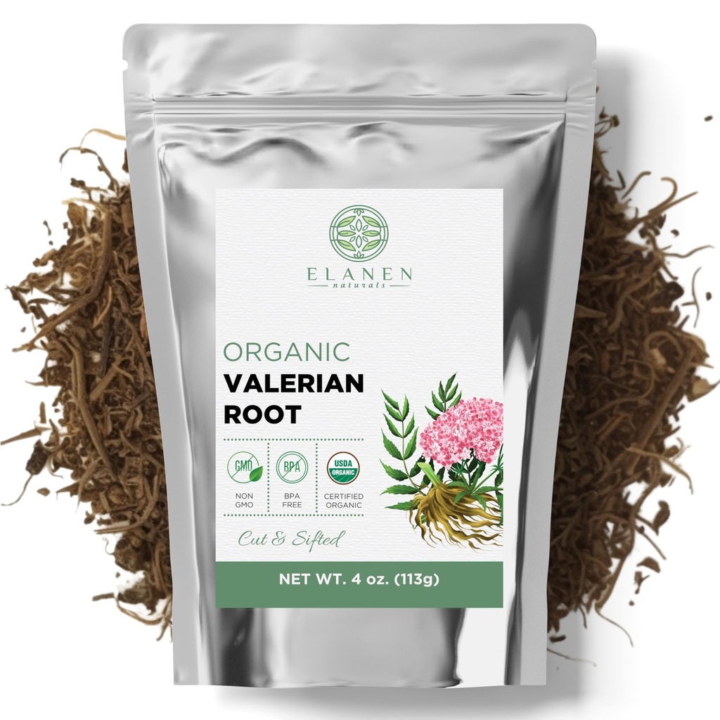 Elanen Naturals Organic Valerian Root 4 oz. (113g), USDA Certified Organic Valerian Root Herb Tea, Te De Valeriana Para Dormir, Valarian Officinalis Celovoľne Leaf, Cut & Sifted