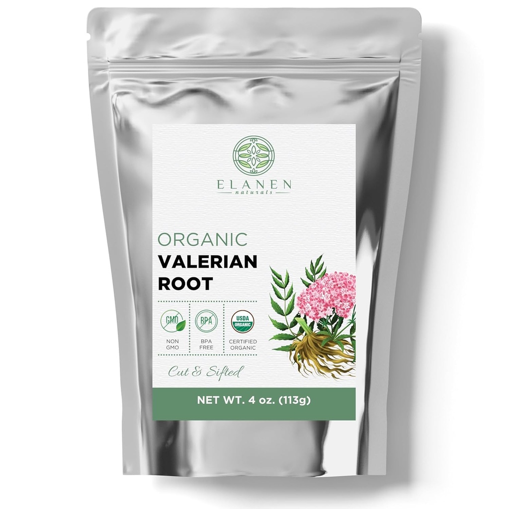 Elanen Naturals Organic Valerian Root 4 oz. (113g), USDA Certified Organic Valerian Root Herb Tea, Te De Valeriana Para Dormir, Valarian Officinalis Whole Loose Leaf, Cut & Sifted