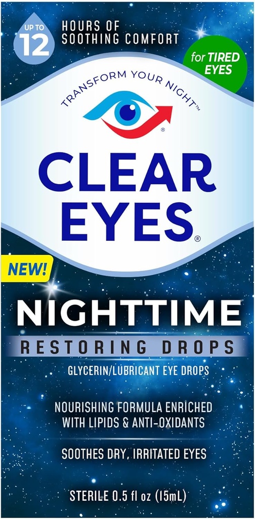 Clear Eyes Night Time Restoring Eye Drops, bezpečné pre nočné použitie 12 hodín upokojujúce Comfort, 0,5 Fl Oz