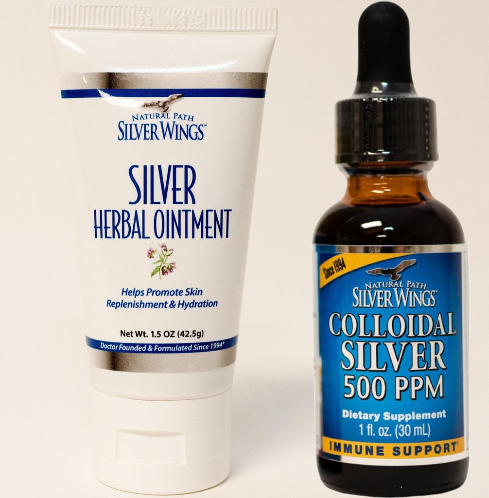Prírodná cesta Strieborné krídla Doplnky - Koloidné striebro 500 ppm (1 oz / 30 ml) Imunitná podpora Plus Bylinná masť 250 ppm (1,5 oz)