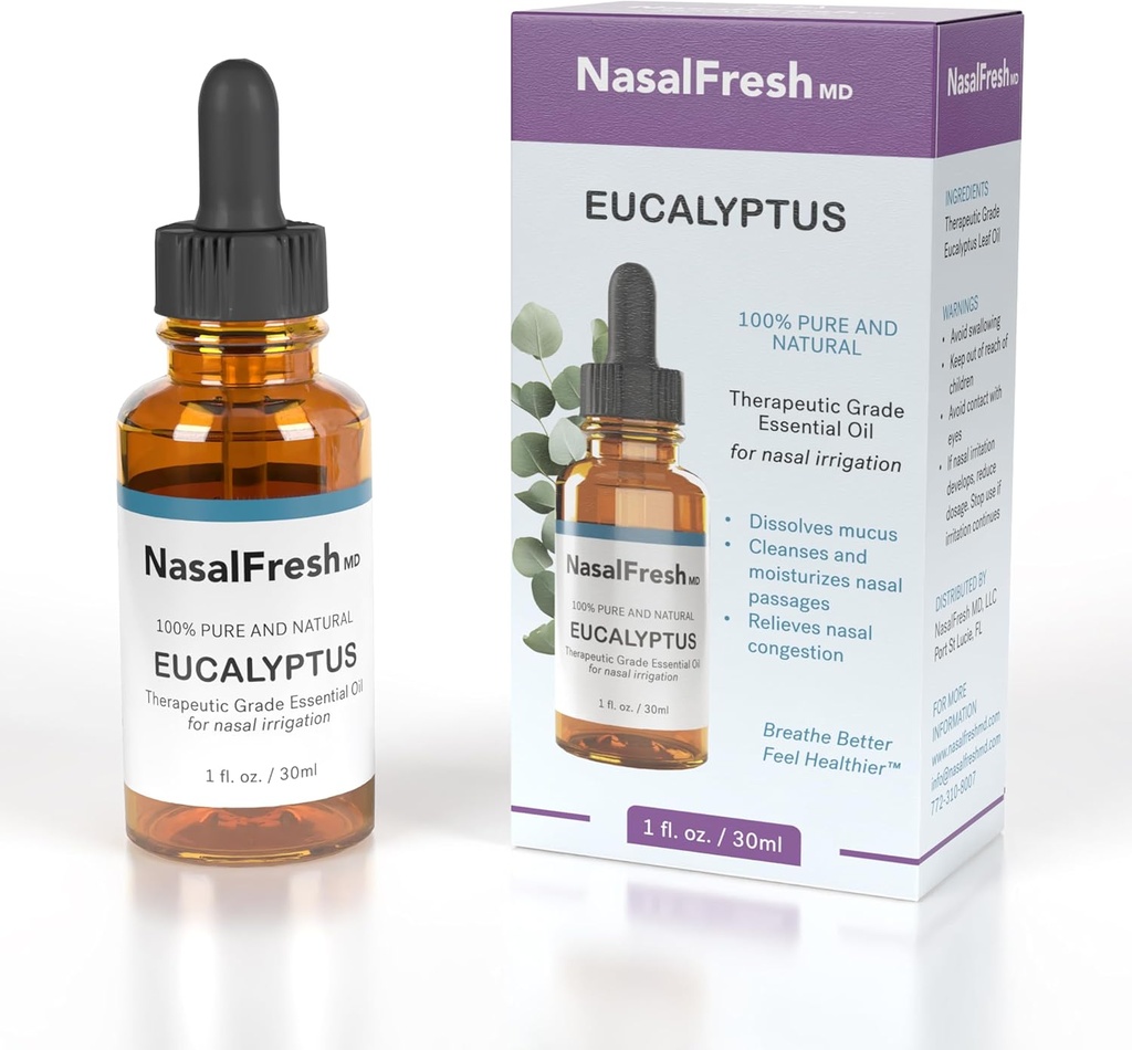 NASALFRESH MD - Eucalyptus Essential Oil - Nasálne zavlažovanie - Relief kongescie - Nosné umývanie Doplnkové - High Grade Essential Oil - Čistí a hydratuje nosové pasáže - 1oz