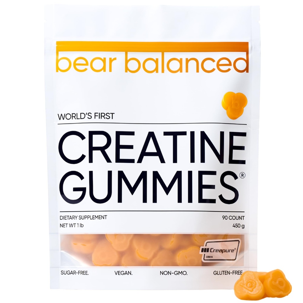 Bear Balanced Creatin Gummies for Men & Women - Creapure® Creatin Monohydrát, L-Theanine, L-Tyrosine & B12 pre rast svalov, silu, zameranie, energiu a zdravie - nízka kalórií, bez cukru, & Vegan