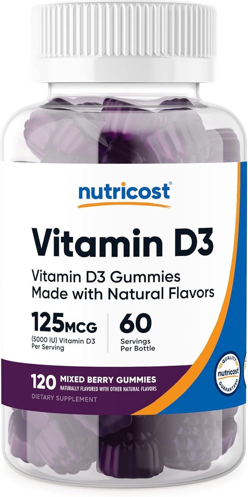 Nutricost Vitamín D3 Gumies 5 000 IU (125mcg), 120 Gumies - Zmiešané Berry Ochutené, 60 Servisov